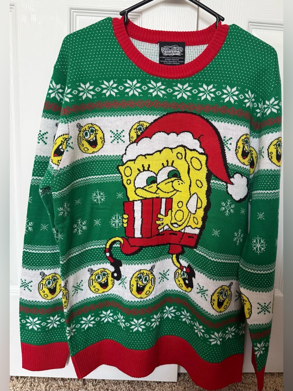 Ugly Christmas SpongeBob Squarepants Green & Red Holiday Crewneck Sweater